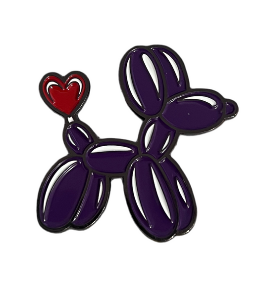 PURPLE BALLOON DOG WITH RED HEART TAIL PIN