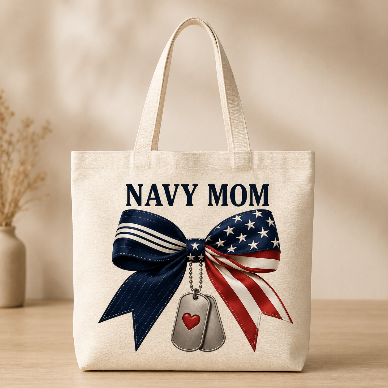 Tote NAVY MOM (13"X13") Half & Half Bow with Heart