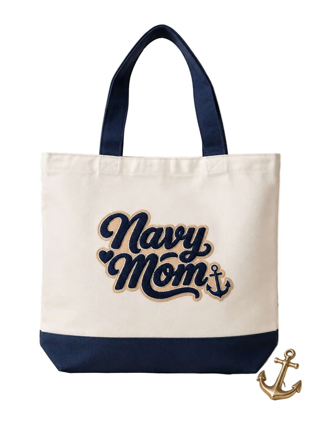 Tote Bag  (18W X 15H") NAVY MOM Fuzzy Patch W/ Blue Handles & Blue Bottom