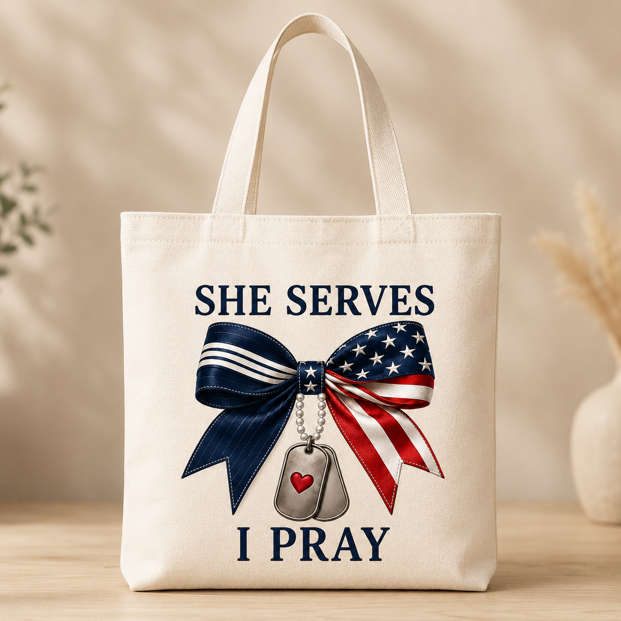 Tote Bag (13"X13") SHE Serves I Pray Navy & American Bow