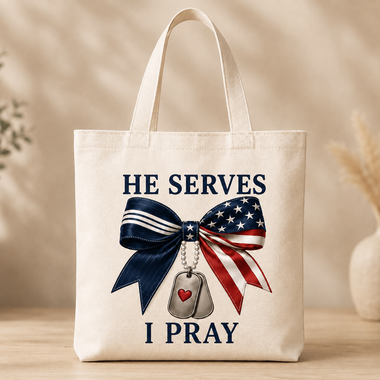 Tote Bag (13"X13") HE Serves I Pray Navy & American Bow